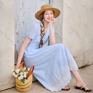 XIANGYING | French Striped V-Neck A-Line Dress Blue