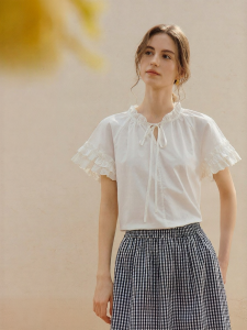 INMAN | Cotton French Lace Small Flounce Short Sleeve White Blouse