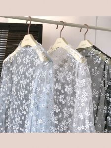 Áo Thun Nữ Mùa Hè Tay Dài Rộng Rãi Họa Tiết Hoa Cúc Cổ Cao Thường Ngày Bằng Vải Polyester Phong Cách Hàn Quốc Mùa Hè 2024