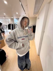 American Style Retro Hoodie Womens Fleece Lined Loose Outerwear Casual Style Autumn Winter New Arrival Trendy Coat
