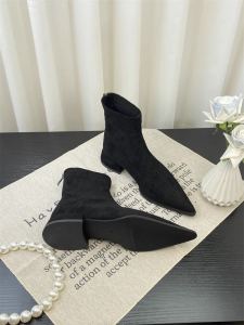 Fashionable Sharp Toe Short Boots Womens Autumn Winter New Style Elastic Velvet Matte Black Booties Pull on Zipper Ankle Boots