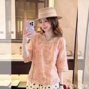 HUANJI | Summer Chinese Style Pink-Orange Round Neck Half Sleeve Plus Size Embroidered Design Unique Blouse