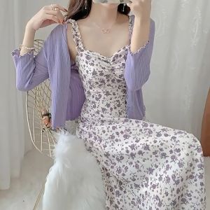 Floral purple Dress for woman flower long Dress korean Summer lilac dress purple (dress+Cardigan) 