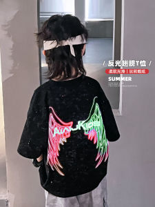Kids Glowing T-Shirt Short Sleeve Boys Summer Cotton Blend Loose Fit round Neck Print Top for Ages 4-14 Glowing Back Wings Design