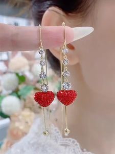 Full Diamond Red Heart Tassel EAR Thread Earrings Female Long Design Internet Influencer All-Match Earrings 2024 New Earrings