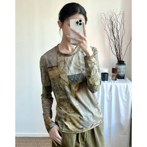 Rehin Nhật Bản-phong cách Hàn Quốc In Lưới áo cổ tròn-Stretchy Tay áo dài ôm vừa Áo Giản Dị Cho Phụ Nữ