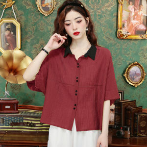 MAIMEI | Casual Cotton Linen Patchwork Loose Shirt For Middle-Aged Mothers Summer New Style Artistic Loose Blouse Versatile Top