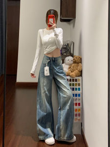 Retro American Wide Leg Denim Jeans Womens Autumn New Washed Faded Straight Floor-Length Pants High Waist Zipper Cotton