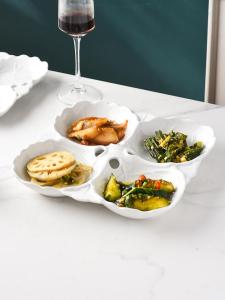 Pure White Ceramic Relief Leaf Design Four Grids Dish Multi-Functional Plate for Restaurant Hotel Cold Dish Snack Plate