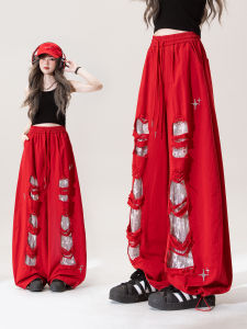 Spicy American Red Hole Design Sense Loose Slim-fit Pants