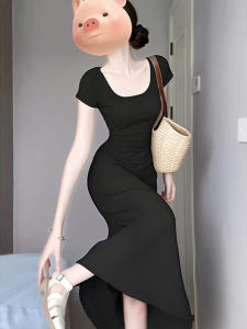 SUHUIQIAN | Slimming Black French Collar A-line Long Dress