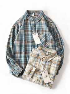 American Style Pure Cotton Washed Plaid Long Sleeve Shirt Mens Loose Casual Trendy Button up Top for Autumn Season