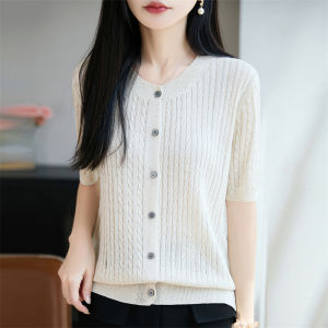 SHEHAN | Vintage French Braided Round Neck Short Sleeve Knitted Cardigan