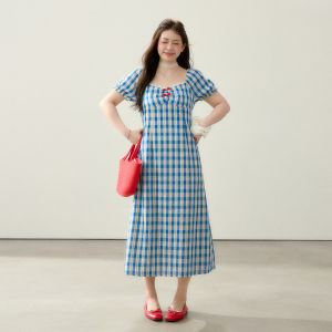 Slimming Large Size Dress French Vintage Style Elegant Tea Break Checkered Skirt Korean Style High Waist A-Line Summer Dress