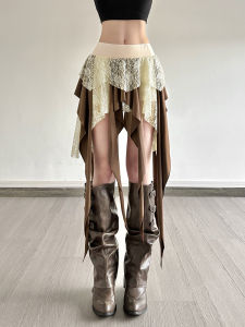 กระโปรงสั้นเอวสูง SylCue ทรงเข้ารูปไม่สมมาตร ลูกไม้ เอฟเฟกต์กระชับสัดส่วน กระโปรงสั้นทรงเอแบบสวมทับ