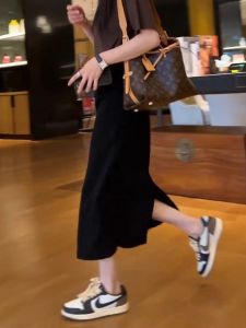 Asymmetric High Waist Black Asymmetrical Midi Skirt for Women Slimming A-Line Half-length Skirts with Slits Pear Shaped Body