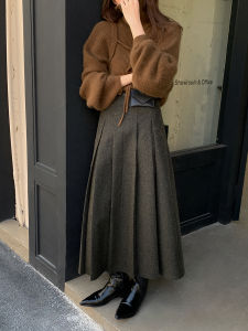 High Waist Woolen Skirt Womens Autumn Winter New Style Retro Hair Noodle Half Skirt Korean Style Slimming A-Line Skirt