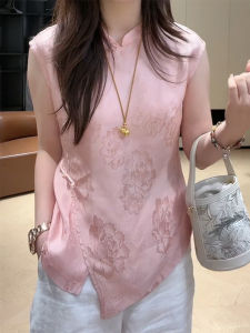 Shalldoer | New Chinese Style Irregular Sleeveless Shirt Womens Summer High-End Feeling Gauze Button Front Top Casual Straight Fit