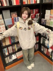 Chic American Printed Hoodie Womens Autumn Winter Thickened Double Button Silver Fox Velvet Top Fashionable Casual Sweatshirt