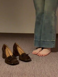 Excellent Texture! High Heels Womens Small Retro Brown Suede Bows Low-Cut Chunky Heel French Style Temperament Flats