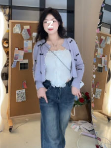 plus Size Purple Knitted Sweater Women Spring Autumn Cute Plump Butterfly Sweet Knot Short Top Open Cardigan Outerwear