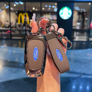 Genuine Leather Gray Zinc Alloy Smart Car Key Fob Case Cover Shell Chain Protector Keychain For Ford Everest Trend Next Gen Explorer Mustang Shelby Expedition Bronco Sport Keyless Remote Holder Buttons Protection Bag