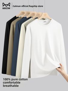 MiiOW | Pure Cotton Long Sleeve Round Neck T-Shirt Mens Skin-friendly Breathable Solid Color Versatile Catman 320G New 2025 Seamless