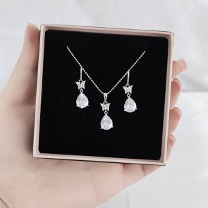 SO SEOUL Caria Butterfly Diamond Simulant Zirconia Teardrop Earrings with Pendant Chain Necklace Jewelry Gift Set