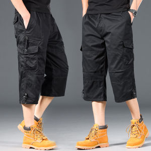 กางเกงขาสั้นผ้าฝ้ายแท้ทรงหลวมสำหรับผู้ชายในช่วงฤดูร้อน กางเกงขายาวทรงลำลองบาง ทรงทำงาน มีกระเป๋าหลายช่อง กางเกงขายาวทรงตรง
