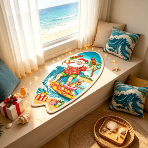 VIKAMA Surfboard Shaped Christmas Area Rug Tropical Beach Santa Flamingo Print Non‑Slip Floor Mat for Holiday Home Decor