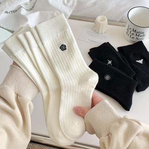 สีขาว ผ้าฝ้าย ผู้หญิง ถุงเท้า ฤดูใบไม้ผลิ ฤดูใบไม้ร่วง รุ่นบาง ถุงเท้าถึงกลางน่อง ฤดูร้อน ถุงเท้ายาว สไตล์เกาหลี Black Match Small หนัง รองเท้า