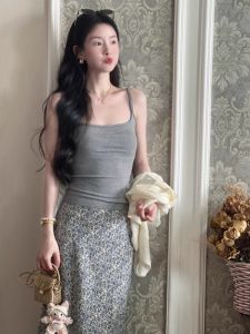 YUEZHONGWEI | Gray U-neck Strap Vest Women Summer Outdoor Design Slimming Short Sleeveless Inner Wear Top Fashionable Commute Style Pure Color