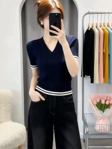 Color-block Stripe V-neck Short Sleeve Knitwear For Women
