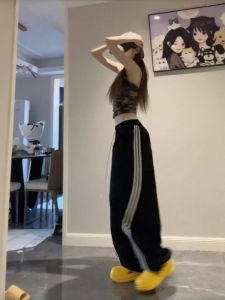 Quần Thể Thao Ống Rộng Kẻ Sọc Dài Thường Ngày Cho Nữ Cỡ Lớn 180 Quần Dài Đến Sàn Cạp Cao Phong Cách Hàn Quốc Mùa Hè 2025