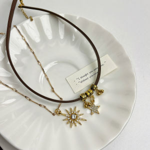 Double Layer Leather Choker Necklace Womens Vintage Sweet Spicy Star Sun Bone Chain Jewelry Korean Style Fashion Accessories