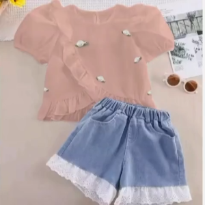 Setelan Baju Anak Perempuan Denim Renda Flowers Usia 1-5 Tahun Terbaru