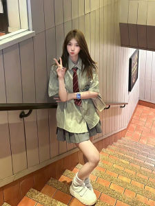 Loose Fit Womens Green Striped Short Sleeve Shirt Korean Style Summer Fashion Sweet Jk Shirt Casual Versatile Basic Shirt