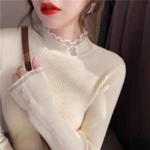 QIANSHUIYIYUN | Autumn Winter Lace Knit Top Half-high Neck