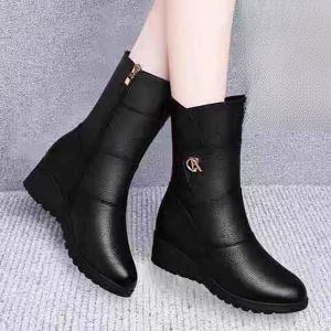 Leather Mid-Calf Boots Womens Fall Winter New Thickened round Head Cotton Boots Mom Shoes Comfortable Fashionable Rubber Sole