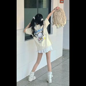 Japanese Guitar Dog Printed Soft Comfortable Loose Short Sleeve Over Size Couple T-shirt