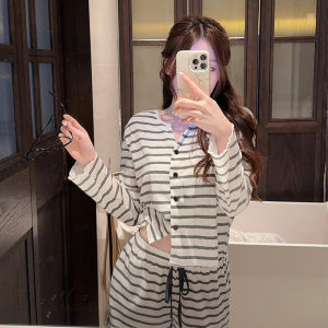 2024 Mới Đồ Ngủ Nữ Tay Dài Cổ Chữ V Cotton Sọc Bộ Đồ Ngủ Có Miếng Lót Ngực Mueni Sốt Nhà Quần Áo Phong Cách Đơn Giản Cho Mùa Xuân Và Mùa Thu