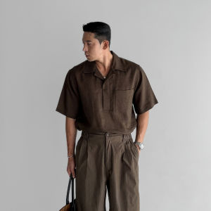 DAVID&ME | Brown Cuban Collar Linen Casual Shirt