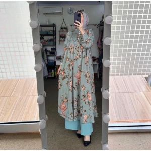 NEW ONE SET FATEMA LONG TUNIK WANITA SETELAN TUNIK PANJANG RAYON BUNGA
