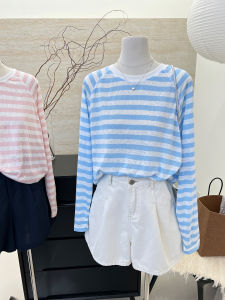 Korean Style Idle Style Thin Stripes Sun Protection Long Sleeve T-shirt Loose Slim Looking Fancy Fashion Temperament Leisure Tops