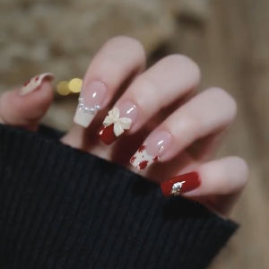 Nhẫn Móng Tay Họa Tiết Da Báo Đỏ Pháp Có Nơ Bướm Đeo Được Thủ Công Có Thể Tháo Rời Trang Trí Móng Tay Cho Năm Mới