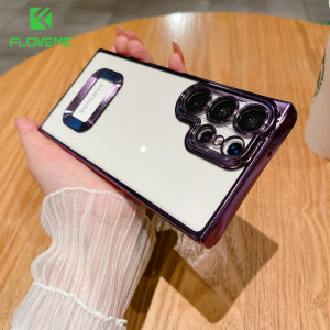 FLOVEME Luxury Logo Hole Clear Phone Case For Samsung Galaxy S23 S22 Ultra Plus S21 S20 FE Plating Transparent With Lens Film Back Cover For Samsung Note20 Ultra Note10 Plus A73 A53 A33