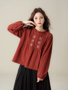 SHANGWEILUO | Áo Sơ Mi Tay Dài Form Rộng Cổ Sơ Mi Thêu Hoa Văn Pháp Cổ Điển