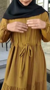Dress Kondangan Rubby Pollo Linen Polos Susun Terbaru | Gamis Serut Depan Susun Remaja Viral Simpel Elegant