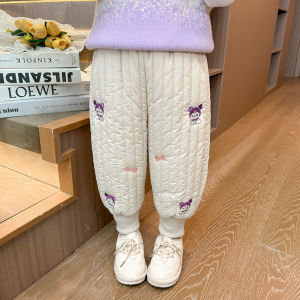 กางเกงขายาวผ้าฝ้ายหนาสำหรับเด็กผู้หญิง กางเกงขายาวผ้าขนแกะ ทรงหลวม ทรงลำลอง ฤดูหนาว 3 ชั้น กางเกงขายาวผ้าฝ้ายสำหรับเด็กผู้หญิง