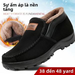 Giày Vải Bắc Kinh Cổ Điển Mùa Đông Cho Nam Đế Dày Chống Trượt Lót Lông Cừu Ấm Áp Thường Ngày Giày Bốt Cotton Cho Bố